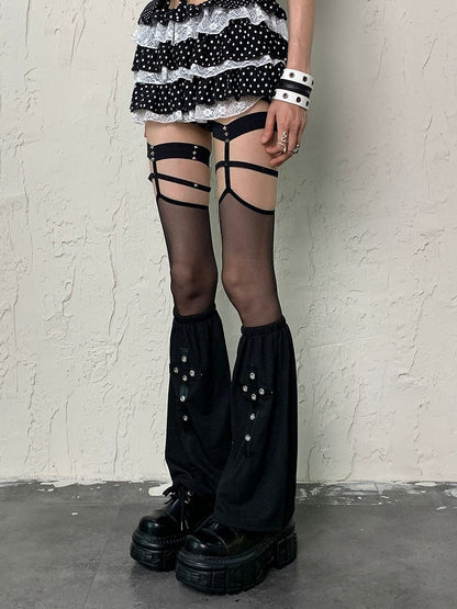 Cross Leg Sleeves With Appliques Y2K Black