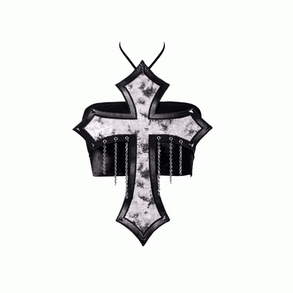 Decorated Cross Strapless Cyberpunk Top Fashion Y3K Chains Futuristic Black  Silver Sequins and