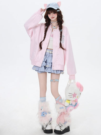 Light Blue/Pink Cats Spring Baseball Jacket