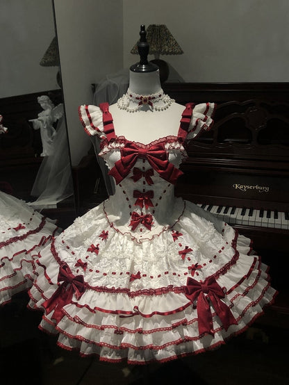 Ruffles Accents Skirt White Bow Jumper Tiered Princess Red Lolita