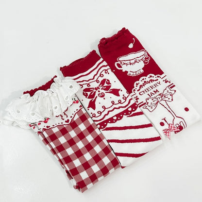 Red Sweet Plaid Striped Polka-dot Pattern Socks