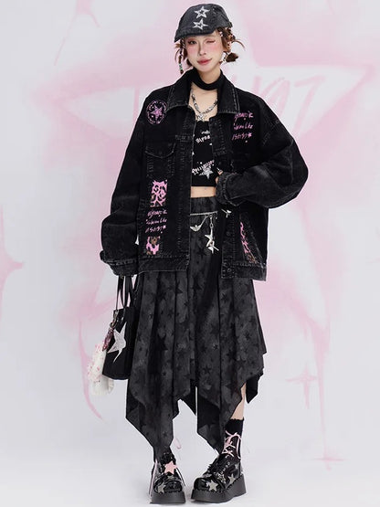 Black Y2K Stars Handkerchief Hem Skirt