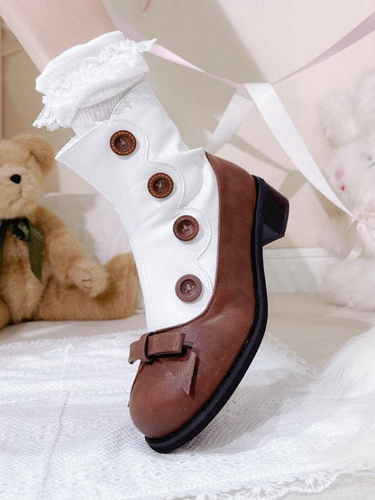 Decorative White Heel Design Lolita Classic Mid with Boots- Brown Buttons