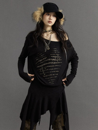 Wasteland Punk Black Leopard Heart Asymmetrical Long Sleeves Dress