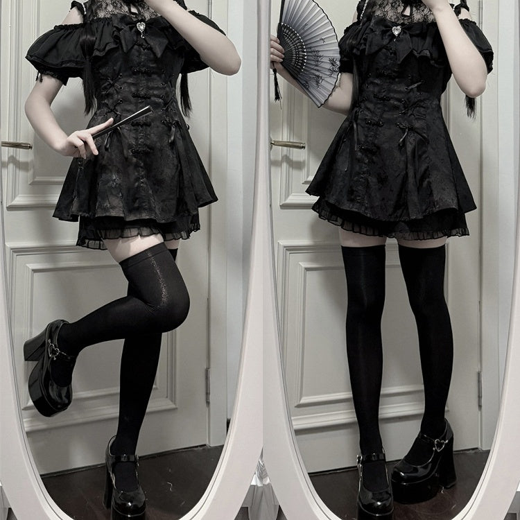 Cheongsam + Illusion Jirai Neckline Mini Dress Bow Tie Kei Shorts Set- Black Style + Bell Sleeves