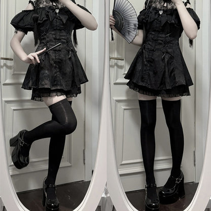 Cheongsam + Illusion Jirai Neckline Mini Dress Bow Tie Kei Shorts Set- Black Style + Bell Sleeves