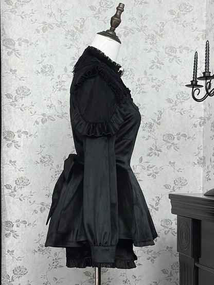 Black Jirai Kei Set Lace Patches Velvet Landmine Style Dress + Bow Tie + Ruffle Cuffs Shorts