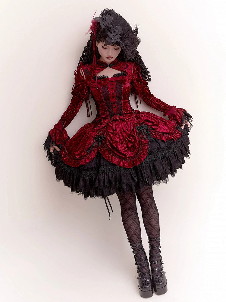 Red Gothic Lolita Velvet Tassel Knot Button Drawstring Skirt