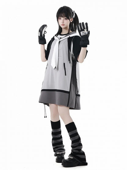 Dress Side Techwear Kapuzenweste Grau Colorblock Design Kordelzug