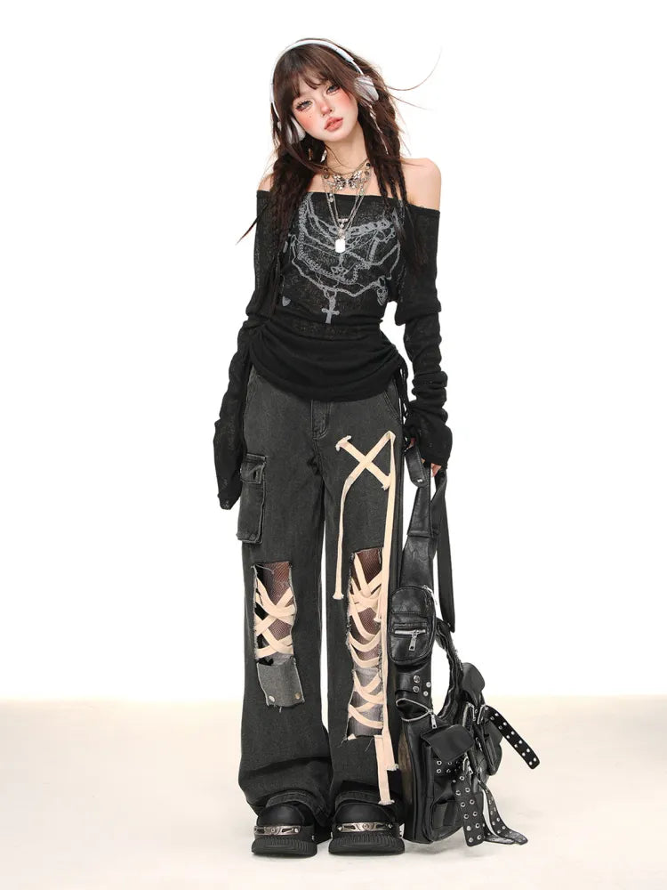 Top Graffiti White/Black Semi-sheer Drawstring Waist