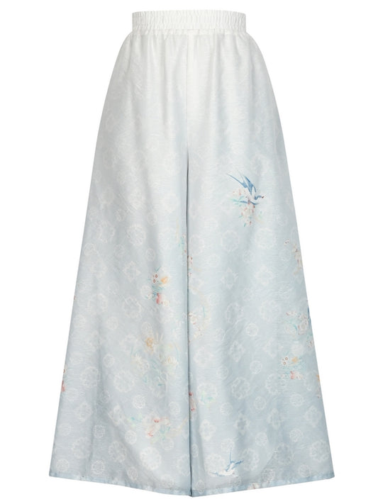 Gradient Pants Chiffon Floral Print Leg Wide Blue