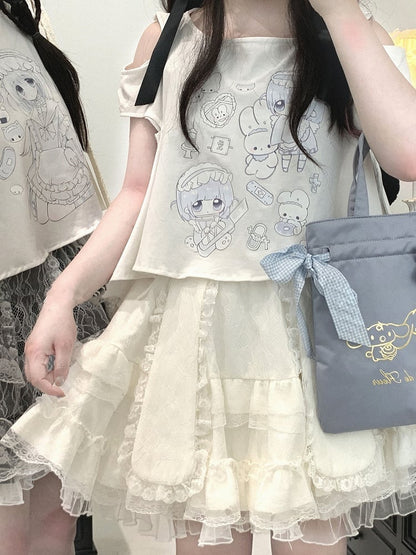 Yami Kawaii Cartoon Print Cutout Shoulder White Jirai Kei T-shirt