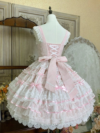 Pink Layered Skirt Hanayome Dress Sweet Hime Lolita Jumper Skirt with Removable Bows