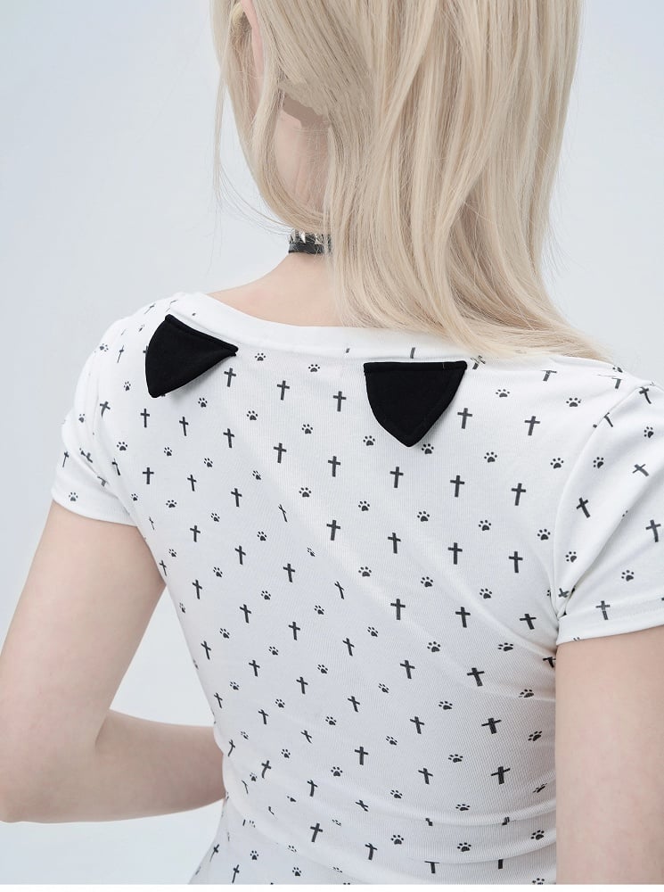 Cat Paw Print Cat Ears Gothic and Back at White Cross Detail T-Shirt Allover Pastel