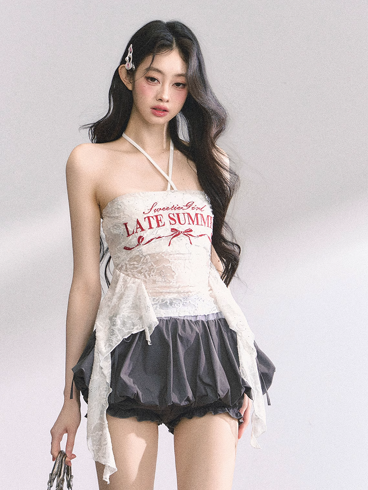 Top White Asymmetrical Lace Hem Halter Neck