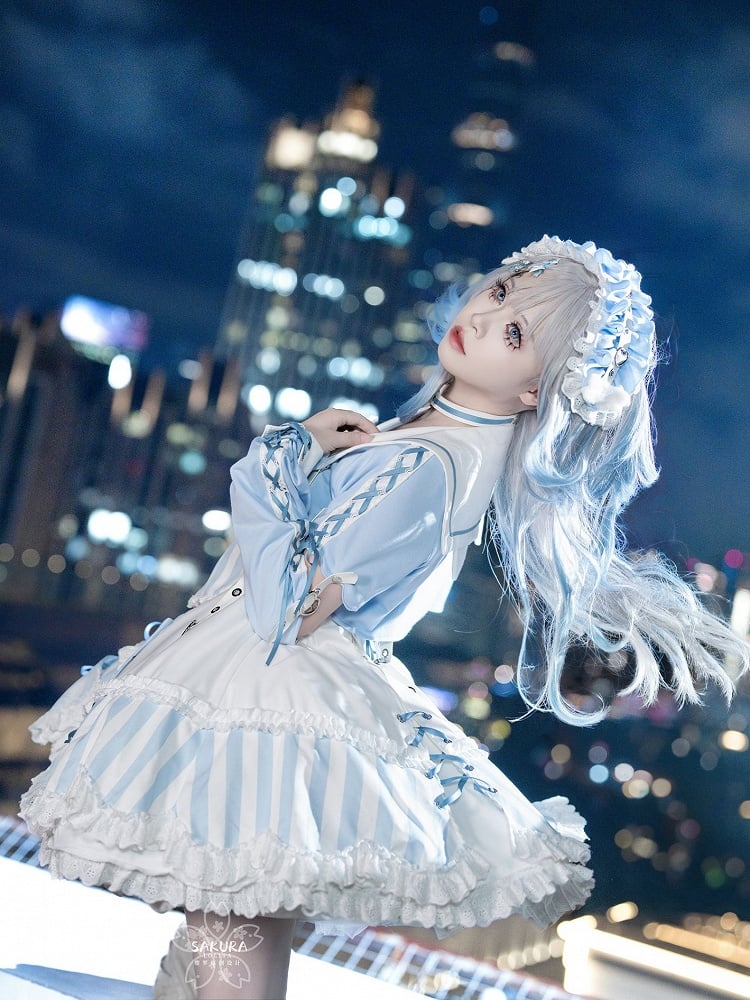 Kitty Light Bow Kaiwai Set Blue JSK Dress Cropped Tenshi Lolita Sailor Striped Big Top Pattern Ears + - Collar