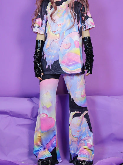 Fashion Colorful Gyaru Flared Cartoon Pattern Pants