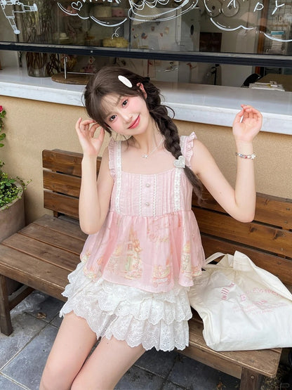 Flutter Sleeves Cartoon Bear Print Sleeveless Top Sweet Pink