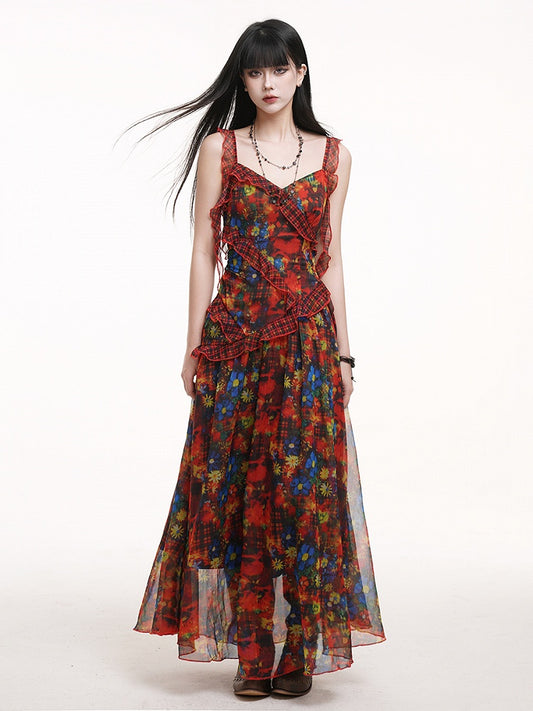 Cascading Dye Straps with Ribbon Red Slip Plaid Floral Dress Ruffles Tie