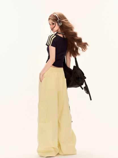 Yellow Drawstring Waist Wide-Leg Cargo Pants