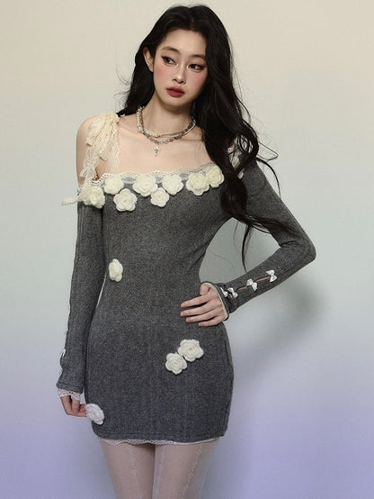 Grey Crochet Flowers Adorned Asymmetrical Mini Dress Lace Trim