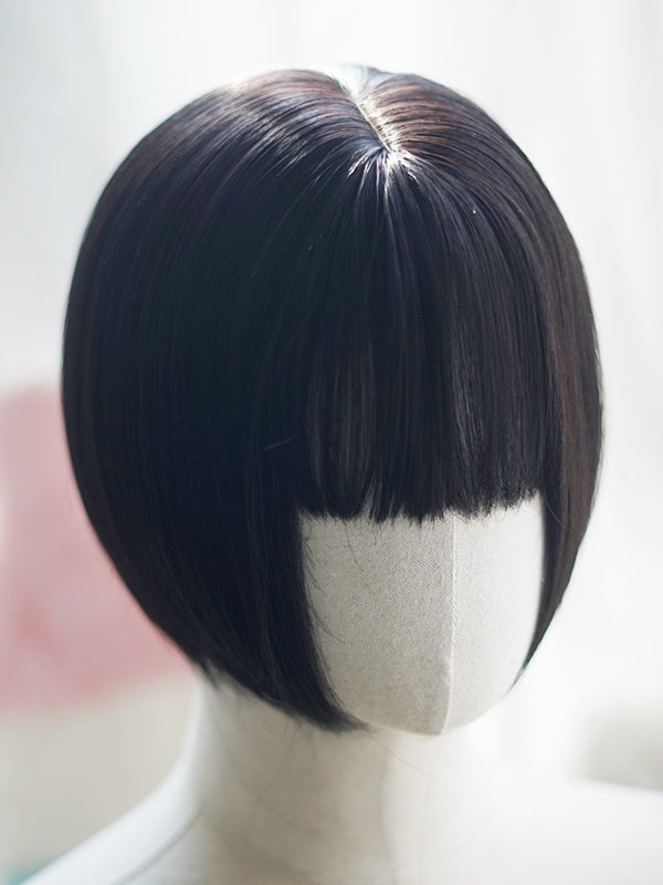 Milk White/Light Blonde/Black Bob Cut Short Straight Wig With Full Bangs