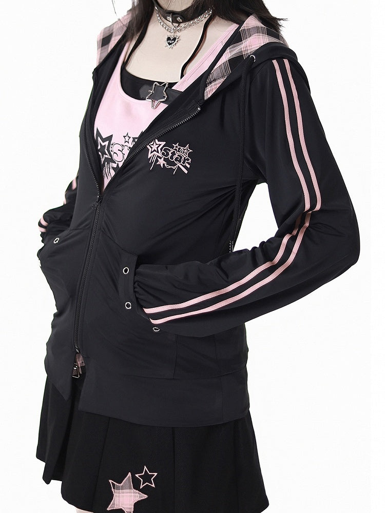 Rosa karierte Kapuze, schwarze Sternstickerei, Sonnenschutzjacke