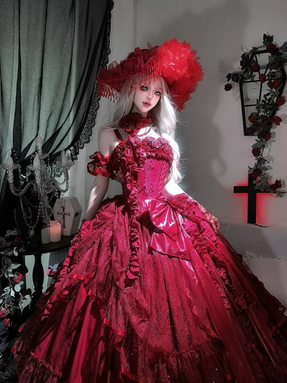 Hanayome Waist Boned Floor Corset Length Gown Hime Dress Red Ball Lolita