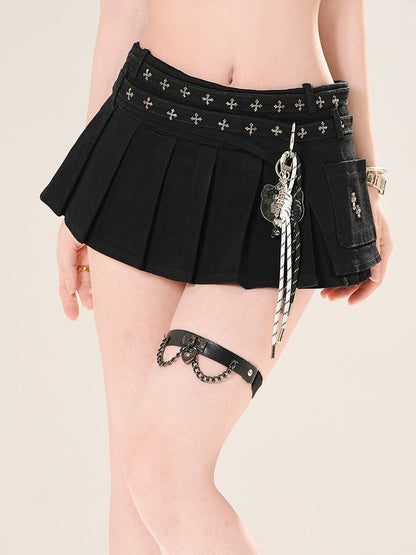 Skirt Low Blue/Black Waist Cross Embellished Mini Pleated Denim