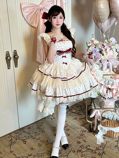 Polka Dots Dress Red Skirt Tiered Waist Sweet Basque White