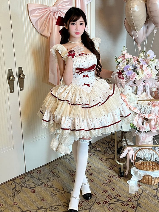 Polka Dots Dress Red Skirt Tiered Waist Sweet Basque White