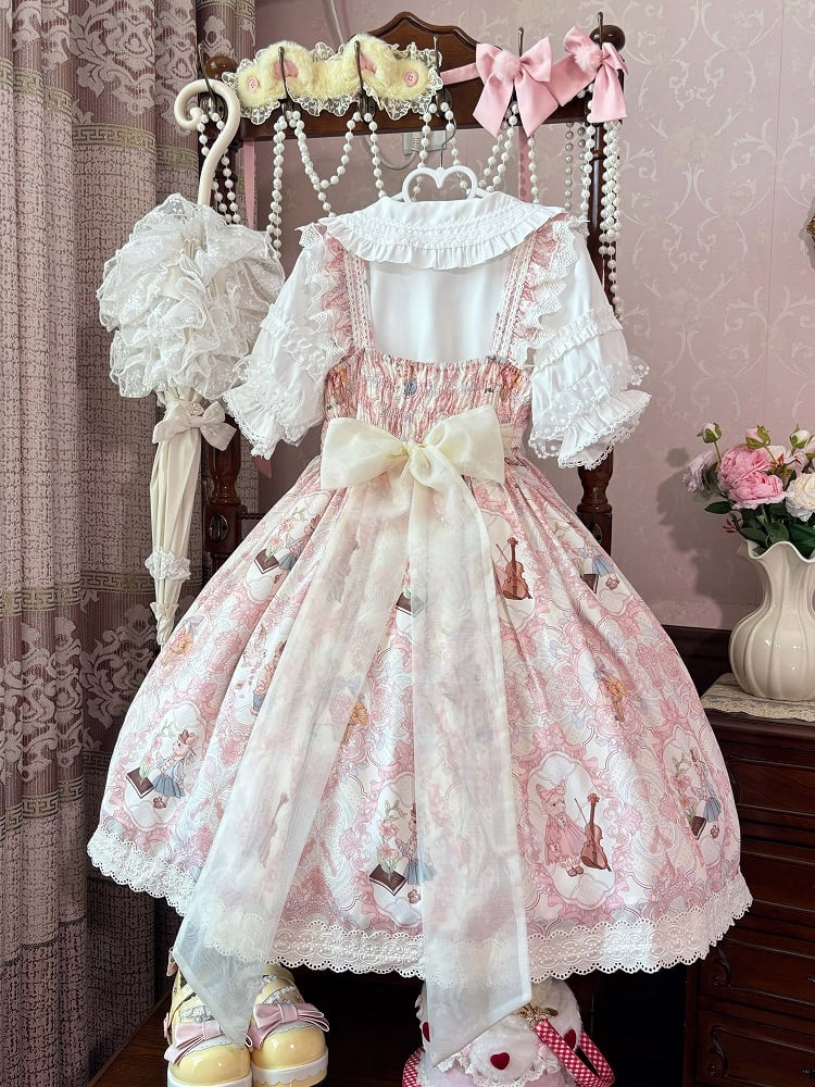 Light High Violin Lolita Bunny and Yellow Waist Print Dress Sweet JSK