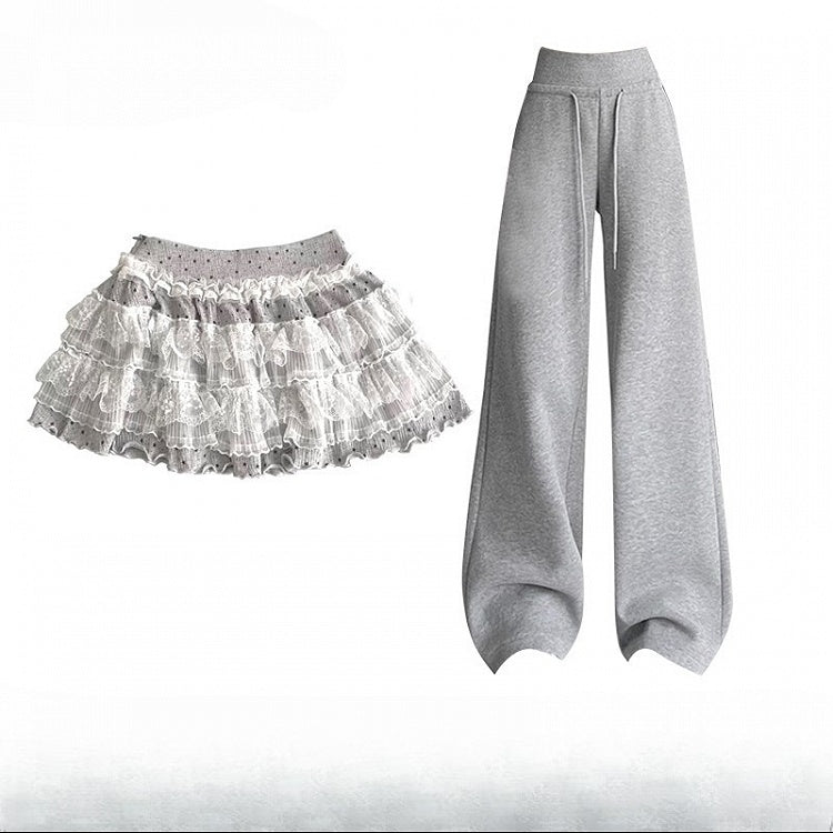 Polka-dot Pants Trim Y2K + Lace Skirt Tiered Cut Bittersweet Pattern Gray Wide-leg