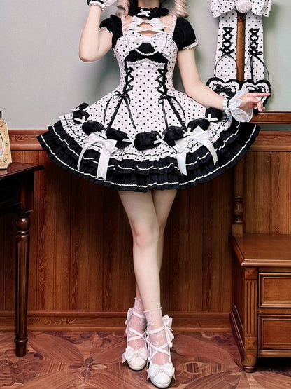 Akzente Schwarz Polka Dots Kleid Old School Schleife Weiß Lolita Neck Halter mit