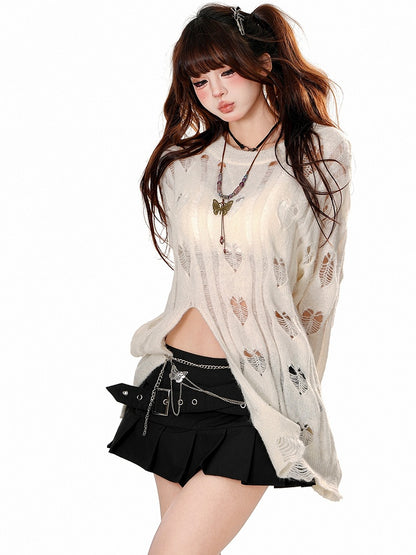 Apricot Heart Shaped Distressed Holes Sweater with Shredded Hem