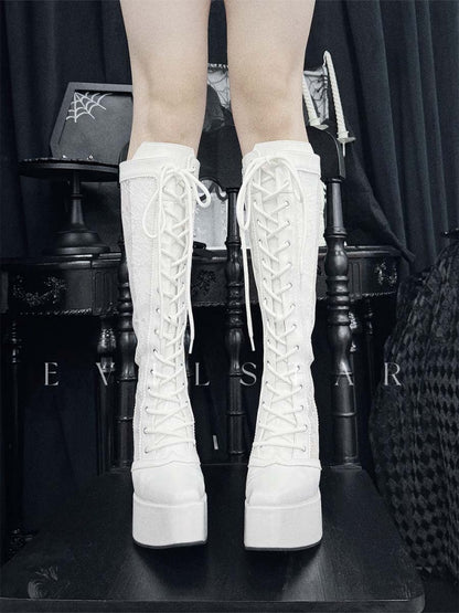 Gothic White Front Lace-up Ties Lace Platform High Block Heel  Knee-high Boots