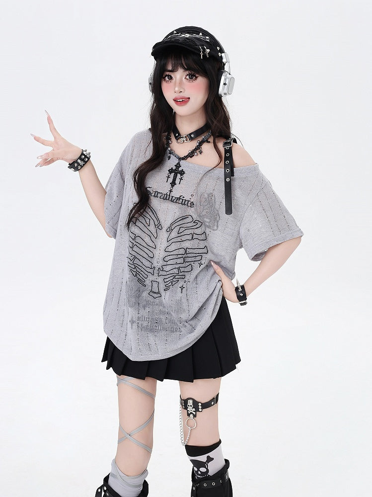 Y2K Asymmetrical Neckline Skeleton Heart Print Black/Gray/White T-Shirt