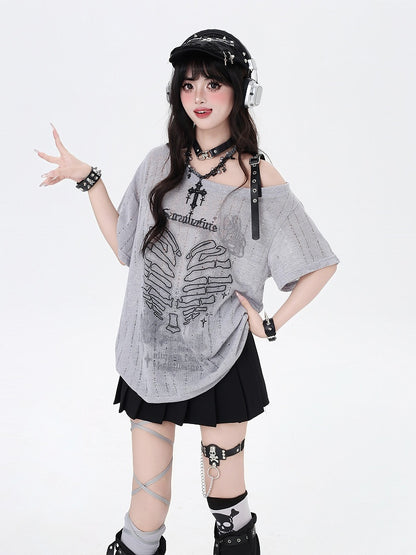 Y2K Asymmetrical Neckline Skeleton Heart Print Black/Gray/White T-Shirt
