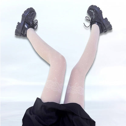 Black / White Bowknot and Polka Dots Pattern Fishnet Tights