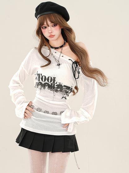White Asymmetrical Neckline Semi-sheer Top with Lace-up Detail