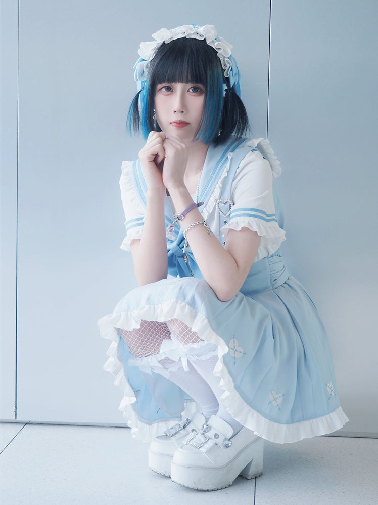 Jirai Kei Overalls Light Blue Heart Front Embroidery Lace-up