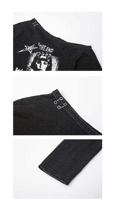 Cutout Shoulder Top Y2K Punk Black Asymmetrical