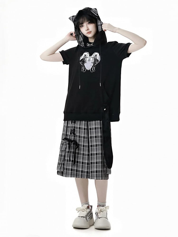 Wide-Leg Shorts with Lace-up Detail Waist Black/Plaid Elastic