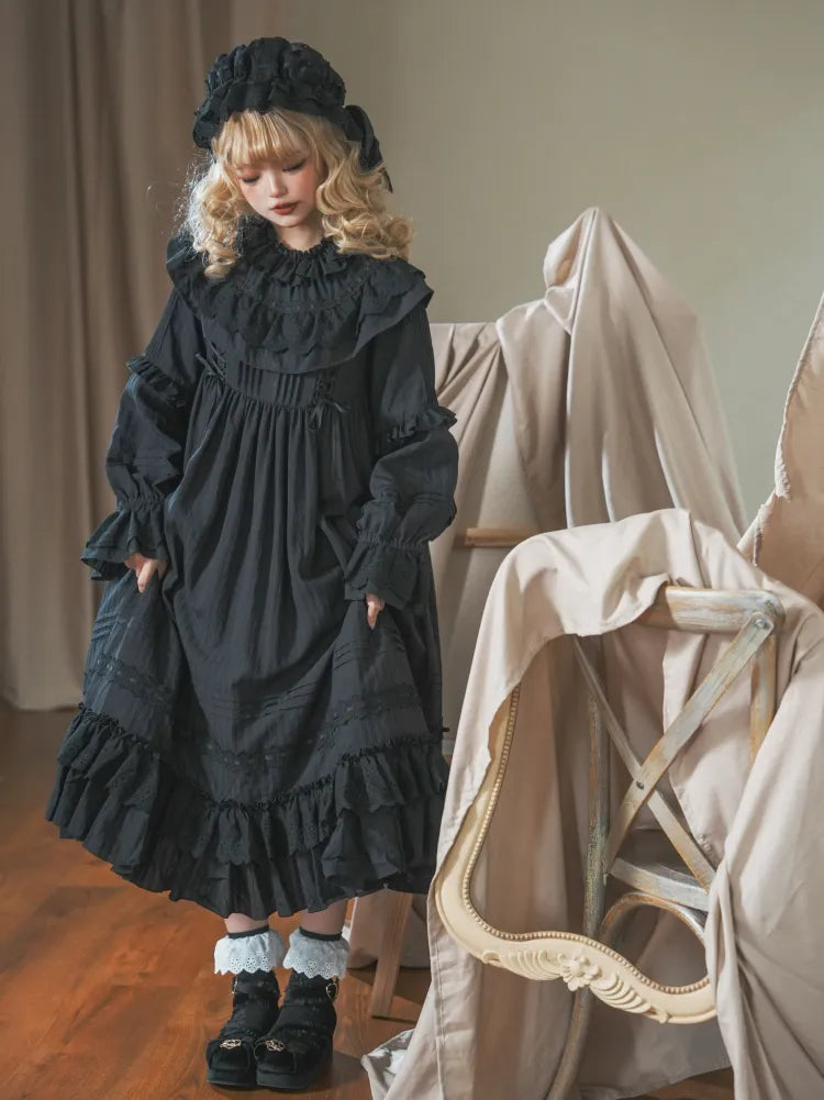 Layered Gothic Neck Kuro Ruffled Black Lolita Hemline Long All Ruffle Dress Sleeves