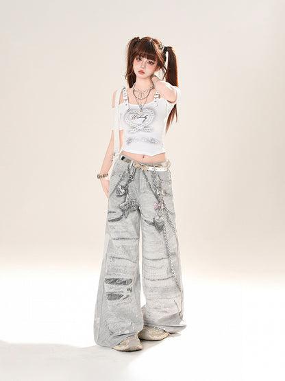 Gray Low Rise Chains Print Distressed Wide-Leg Jeans