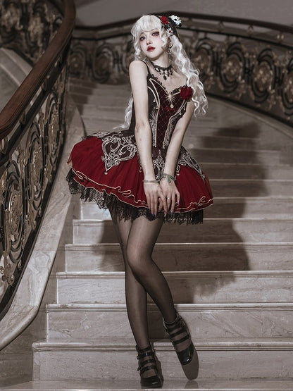 Lolita JSK à fines bretelles gothiques vampire noires et rouges + boléro à manches longues en cloche