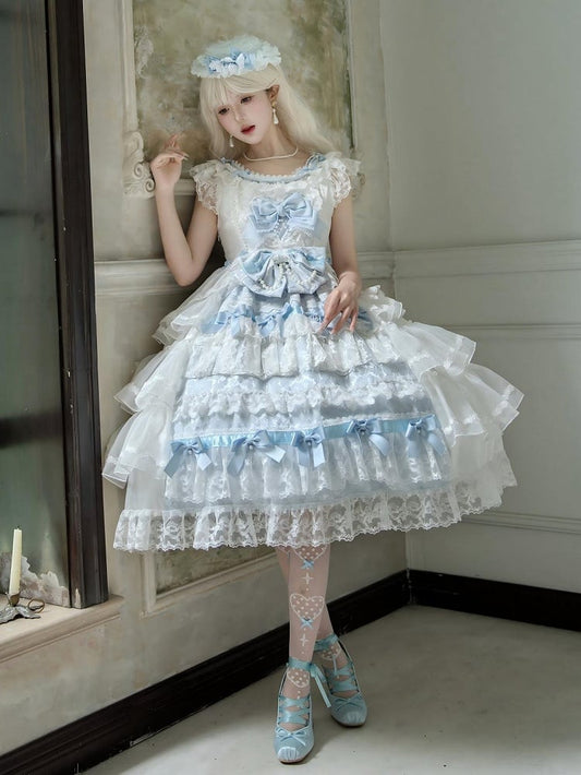 Bows and Skirt Decoration Dress Full Tiered Set Hanayome Blue White Lolita JSK Hime
