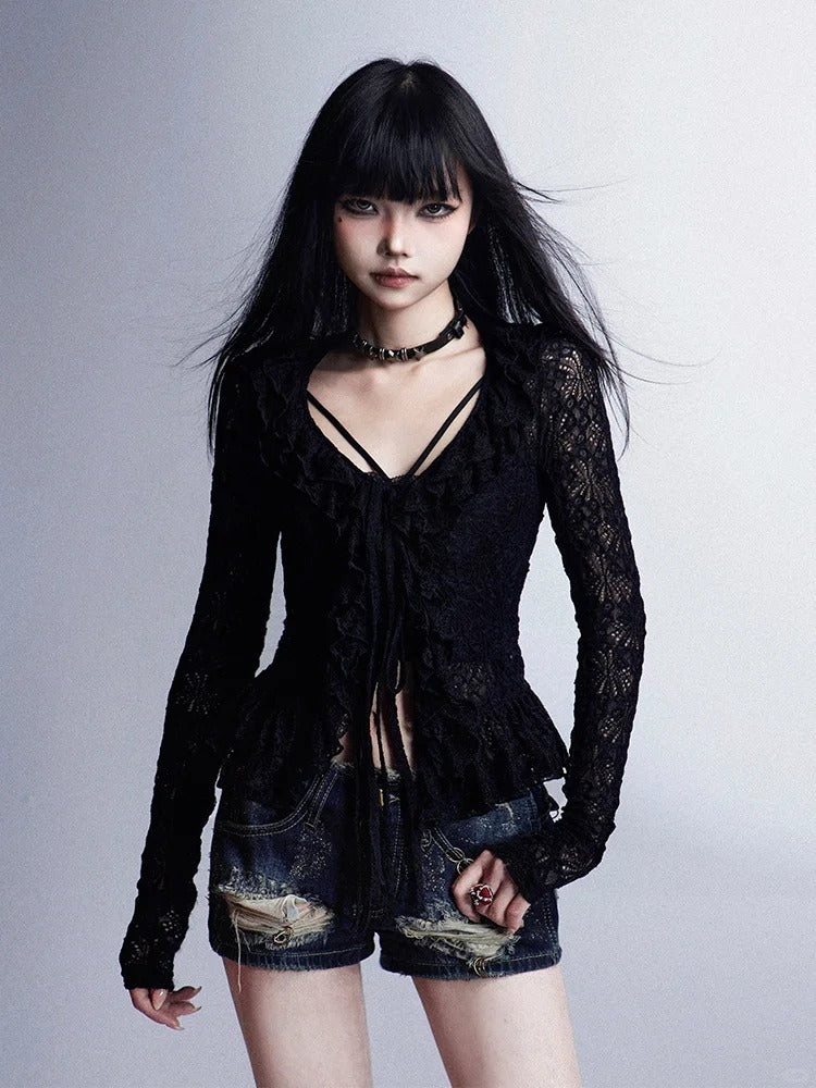 Black Hollow-out Cardigan Ruffled Trim Lace Knitted