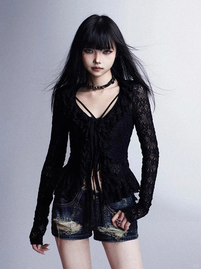 Black Hollow-out Cardigan Ruffled Trim Lace Knitted