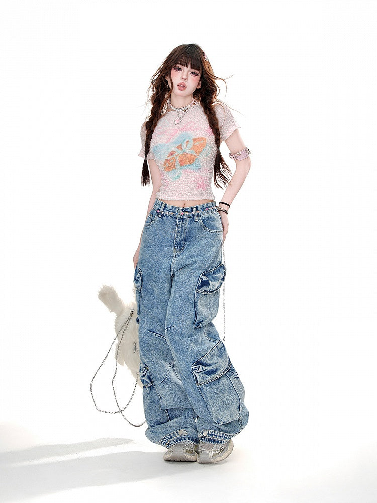 T-Shirt mit Grafik am Hals, Rosa/Weiß, Rundhalsausschnitt, Glamorous Cropped